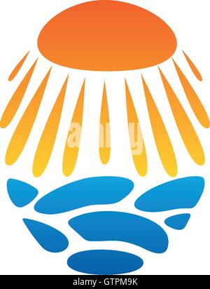 Strahlende Sonne Vektor ungewöhnliche Logo. Strand abstrakte Logo. Sonnen-Symbol isoliert. Heiße Sonne, Strand, orange Sonne Vektor isoliert Illustra warm Stock Vektor