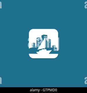 Stadt-Logo-Design-Vorlage. Yacht-Vektor-Illustration. Rechteck-Gebäude-Silhouette. Stadt blau Logo Vorlage. Yacht-Symbol t Stock Vektor