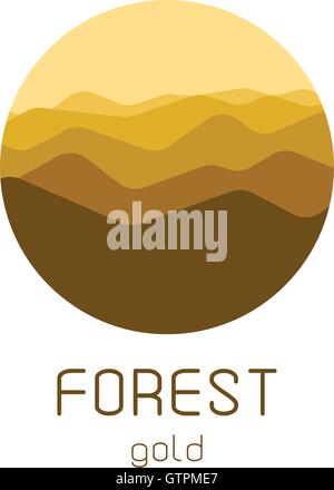 Isolierte Runde Wald-Vektor-Logo. Gold Wald Silhouette Schriftzug. Stock Vektor