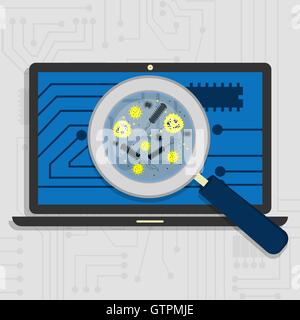 Analyse der Hardware und die elektronische Schaltung des Laptops mit einer Lupe. Anzeigen von Viren und Bakterien vergrößert. Stock Vektor