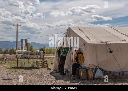 Eine nomadische Qashqai Familie lebt in einem Zelt in der Provinz Fars, Iran. Stockfoto