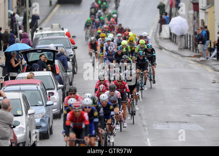 Honiton, Devon, UK, 9. September 2016. Die Tour of Britain, 6. Etappe Sidmouth, Haytor. Das Hauptfeld Köpfe unten einen nassen und windigen Honiton High Street. Bildnachweis: David Partridge / Alamy Live News Stockfoto