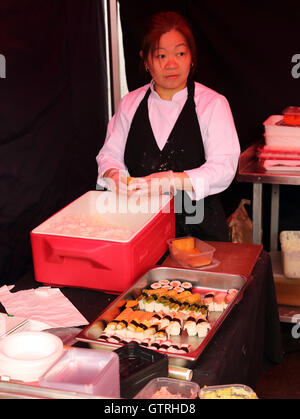 Sushi in der Fishstock Festival, Brixham Brixham, Devon, UK, September 2016. Stockfoto