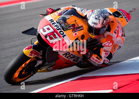 Misano Adriatico, Italien. 9. September 2016. MARC MARQUEZ von Repsol Honda Team fährt während des Trainings der 2016 Moto GP von San Marino in Misano World Circuit in Misano Adriatico, Italien. Bildnachweis: James Gasperotti/ZUMA Draht/Alamy Live-Nachrichten Stockfoto