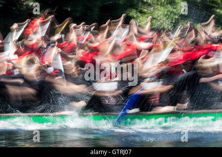 Mülheim an der Ruhr, Nordrhein-Westfalen, Deutschland. 10. September 2016. Langzeitbelichtung, Bewegungsunschärfe. Etwa 100 Teams nehmen Teil in das 20. Drachenbootfestival am Fluss Ruhr in Mülheim/Ruhr. Es findet 10 und 11. September 2016. Bildnachweis: Bettina Strenske/Alamy Live-Nachrichten Stockfoto