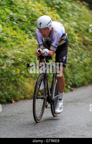 Bristol, UK, 10. September 2016. Tour durch Großbritannien 2016 - Bühne 7a: Bristol Einzelzeitfahren. Tony Martin (Etixx Quick Step), der aktuellen deutschen nationalen Zeitfahrmeister, konkurriert in der 14,2 km Einzelzeitfahren in Bristol. Martin gewann das Zeitfahren mit einer Zeit von 18 Minuten 6 Sekunden. Bildnachweis: Clive Jones/Alamy Live-Nachrichten Stockfoto