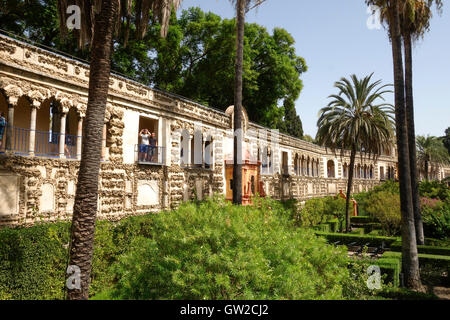 Alcazar, Sevilla, italienisches Design, Grotte-Galerie in den Gärten rund um das maurische Königspalast, Andalusien, Spanien. Stockfoto