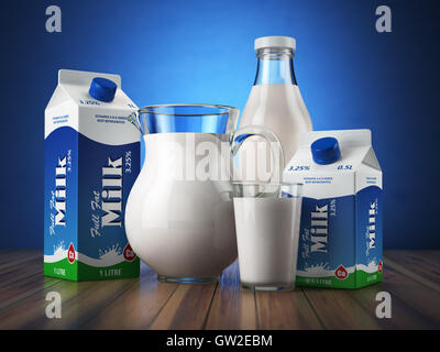 Milch. Glas Krug, Glas, Flasche und Karton-Packs mit Milch. 3D illustration Stockfoto