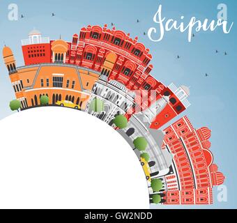 Skyline von Jaipur mit Farbe Wahrzeichen, blauer Himmel und Textfreiraum. Vektor-Illustration. Geschäftsreisen und Tourismus-Konzept Stock Vektor