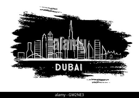 Dubai Skyline Silhouette. Hand gezeichnete Skizze. Vektor-Illustration. Geschäftsreisen und Tourismus-Konzept mit modernen Gebäuden. Stock Vektor