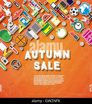 Herbst Sale Banner mit Schule liefert auf orange Kreide Board Hintergrund. Vektor-Illustration. Schule-Banner mit Textfreiraum. Stock Vektor