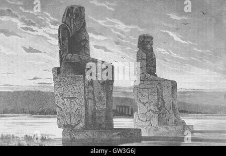 Gravierte Darstellung die Kolosse von Memnon in Theben, Luxor, Ägypten. Die Kolosse von Memnon (lokal bekannt als el-Colossat oder es-Salamat) sind zwei massiven steinernen Statuen des Pharao Amenhotep III., während XVIII Dynastie in Ägypten regierte.  Bild von Cassell es illustrierte Weltgeschichte (1893) bezogen. Stockfoto