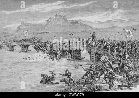 Die Schlacht von Stirling Bridge die Schlacht von Stirling Bridge war eine Schlacht des ersten schottischen Unabhängigkeitskrieg. Am 11 September 1297 besiegt die Kräfte von Andrew Moray und William Wallace die kombinierten englischen Truppen von John de Warenne, 6. Earl of Surrey und Hugh de Cressingham in der Nähe von Stirling auf dem Fluss Forth.  Bild von Cassell es illustrierte Weltgeschichte (1893) bezogen. Stockfoto