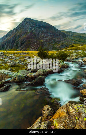 Stift yr Ole Wen und Mountain Stream im Snowdonia National Park Wales. der siebthöchste Berg in Snowdonia und in Wales. Stockfoto