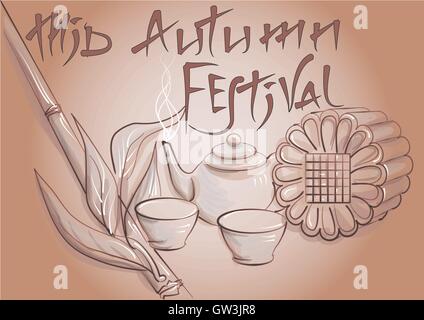 Mid-Autumn Festival.  Traditionelle Mooncakes am gedeckten Tisch mit Teetasse Stock Vektor