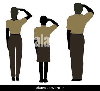 10 EPS-Vektor-Illustration von Mann, Frau und Kind Silhouette in militärischen Gruß darstellen Stock Vektor