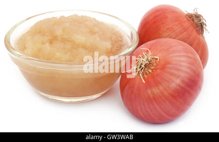 Pürierte Zwiebel mit ganzen diejenigen auf weißem Hintergrund Stockfoto