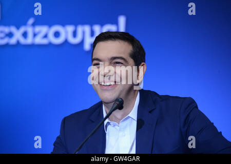 Thessaloniki, Griechenland. 11. September 2016. Der griechische Premierminister Alexis Tsipras gab eine Pressekonferenz an der nördlichen griechischen Stadt Thessaloniki, einen Tag nach der Einweihung der 81th Thessaloniki International Trade Fair, am Sonntag, 11. September 2016. Bildnachweis: Giannis Papanikos/Alamy Live-Nachrichten Stockfoto