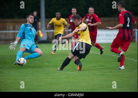 Heim Spiel für ungeschlagenen Winchester City gegen Liga Führer Hereford FC, die mit einer perfekten Bilanz von sechs Siegen in sechs Spielen in dieser Saison gestartet. Stockfoto