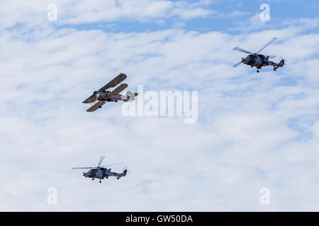 Die Royal Navy Schwertfisch mit dem Wilcat paar Black Cats auf der 2016 Southport Airshow abgebildet. Stockfoto