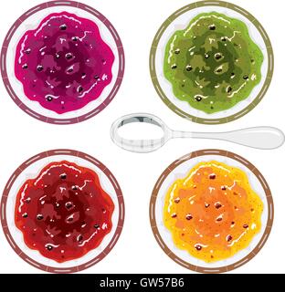 Vektor-Set von bunten Gläsern mit Marmelade und leeren Löffel Stock Vektor