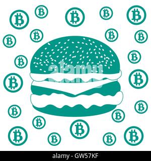 Bild über Transaktionen in Bitcoin: Bitcoins und Hamburger auf weißem Hintergrund Stock Vektor