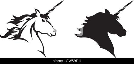 Einhorn-Vektor-Designs. Illustration von Einhorn Kopf mit wallender Mähne. Zwei Optionen, Silhouette und Strichzeichnung. Stock Vektor