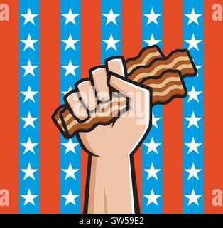Amerikanischer Speck-Vektor-Design. Erhobener Faust hält empor eine Faust voller Speck vor der amerikanischen stars und Stripes flag Design. Stock Vektor