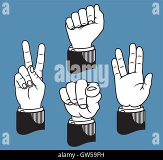 Satz von vier Handgesten basierend auf klassische Drucker Zeiger. Erhobener Faust Vulcan begrüssen, ich möchte Sie und Peace-Zeichen. Stock Vektor
