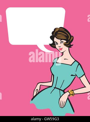 Retro-1950er Jahre Hausfrau Vektor-Design. Klassische Vintage-Stil Hausfrau Illustration mit leeren Sprechblase. Fügen Sie Ihren eigenen Text! Stock Vektor