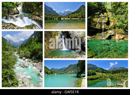 Collage von einigen der schönsten slowenischen Flüssen, Seen und Wasserfälle Stockfoto