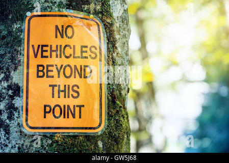 Keine Fahrzeuge über diesem Punkt-Zeichen angehängt an einen Baum in camping-zone Stockfoto