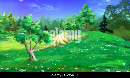 Idyllische Landschaft mit Wiesen und Blumen an einem Sommertag. Digitale Malerei Hintergrund Illustration im Cartoon-Stil-Figur. Stockfoto