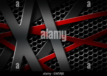 graue und rote Metallrahmen auf schwarzen Kühlergrill Hintergrund. Metall Hintergrund und Textur. 3D Abbildung-Material-Design. Stockfoto