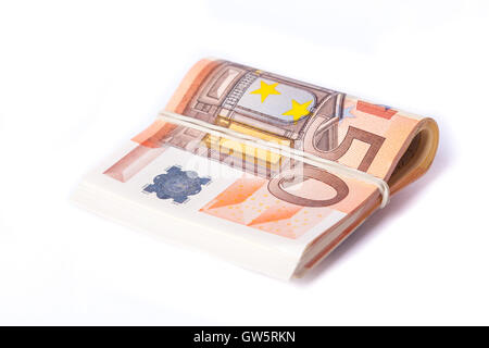 50 Euro-Banknoten-Stack gewickelt und zusammen gerollt Stockfoto