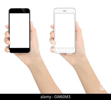 Hand, die schwarze und weiße Telefon isolierten weißen Beschneidungspfad innen Stockfoto