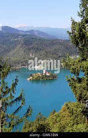 Berühmte Kirche auf der Insel im See von Bled, Slowenien von Speisekarte, einem kleinen Hügel im Süden des Sees gesehen. Stockfoto