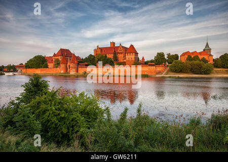 Marienburg an der Nogat Fluss in Polen, Europa, Sonnenuntergang, die größte mittelalterliche Backstein-Burg der Welt, gebaut von den Teuto Stockfoto