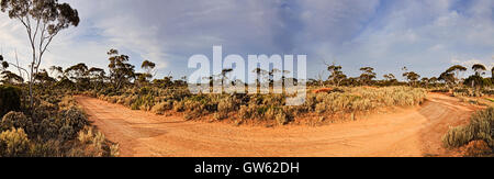 Panorama von unversiegelt outback Straße in Western Australia Buschland in der Nähe von Belladonia Roadhouse. Stockfoto