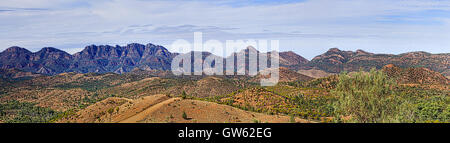 Wilpena Pound Felsformation im Flinders Ranges Nationalpark von Razorback Suche gesehen. Close-up breiten Panorama auf eine sonnige Summe Stockfoto