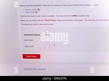 Mock-up Screenshot von 2016 Labour Party Leadership Contest Abstimmung zwischen Jeremy Corbyn Owen Smith wo Corbyns Name entfernt und ersetzt durch eine zweite Owen Smith manipulierten Wahlen Stockfoto
