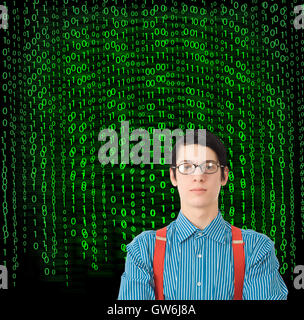 Nerd Geek Geschäftsmann Schüler Lehrer mit binären auf Hintergrund Stockfoto