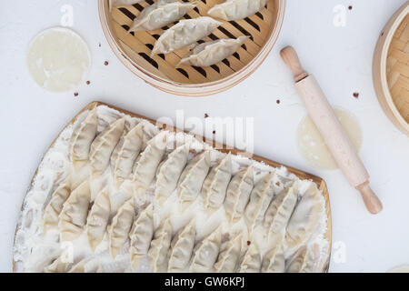 Roh, hausgemachte Knödel, russischen Pelmeni Studio Foto. Stockfoto