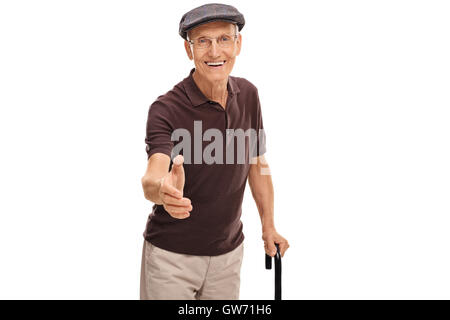 Senior Woman Hand isoliert auf weißem Hintergrund zu schütteln Stockfoto