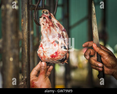 Bangkok, Bangkok, Thailand. 12. Sep, 2016. Ein Mann reinigt den Kopf einer geopferten Ziege während der Qurbani (rituelle Opferung von Tieren) bei der Feier des Eid al-Adha in Haroon Moschee in Bangkok. Eid al-Adha nennt man auch das Opferfest, das größere Eid oder Baqar-Eid. Es ist das zweite von zwei religiöse Feiertage von Moslems weltweit jedes Jahr gefeiert. Es ehrt die Bereitschaft Abrahams, seinen Sohn als einen Akt der Unterwerfung unter das Gebot Gottes zu opfern. Ziegen, Schafe und Kühe werden nach dem Gottesdienst in der Moschee in ritueller Weise geopfert. Stockfoto