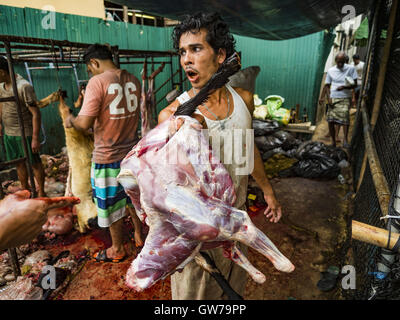 Bangkok, Bangkok, Thailand. 12. Sep, 2016. Ein Mann trägt eine gereinigte Ziege Karkasse, die Metzger nach Qurbani (rituelle Opferung von Tieren) bei der Feier des Eid al-Adha in Haroon Moschee in Bangkok. Eid al-Adha nennt man auch das Opferfest, das größere Eid oder Baqar-Eid. Es ist das zweite von zwei religiöse Feiertage von Moslems weltweit jedes Jahr gefeiert. Es ehrt die Bereitschaft Abrahams, seinen Sohn als einen Akt der Unterwerfung unter das Gebot Gottes zu opfern. Ziegen, Schafe und Kühe werden nach dem Gottesdienst in der Moschee in ritueller Weise geopfert. Stockfoto