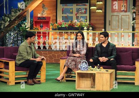 Bollywood-Schauspieler Katrina Kaif Sidharth Malhotra stand-up Comedian Kapil Sharma Werbefilm Baar Baar DekhoMumbai Stockfoto