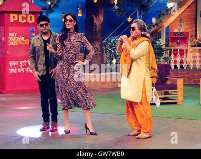 Bollywood-Schauspieler Katrina Kaif Schauspieler Kapil Sharma Ali Asgar Werbefilm Baar Baar Dekho setzt das Kapil Sharma zeigen Mumbai Stockfoto