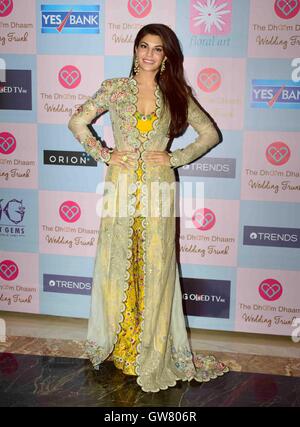 Bollywood Schauspieler Jacqueline Fernandez während der Star-Stylist, Tanya Ghavri Dhoom Kondensation Hochzeit Trunk Show, in Mumbai Stockfoto