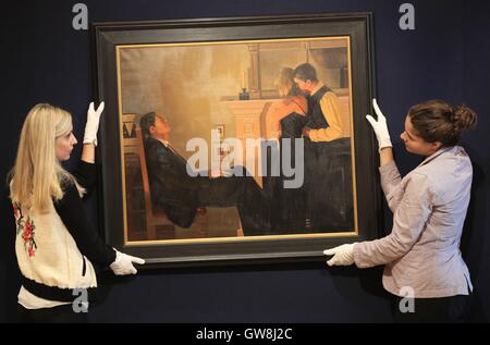 Bonhams Mitarbeiter einstellen Beautiful Losers, von Jack Vettriano, Teil einer Auswahl von Werken von schottische Koloristen in Bonhams schottischen Kunstverkauf aufgenommen werden, die in Edinburgh am 12. Oktober 2016 stattfinden wird. Stockfoto